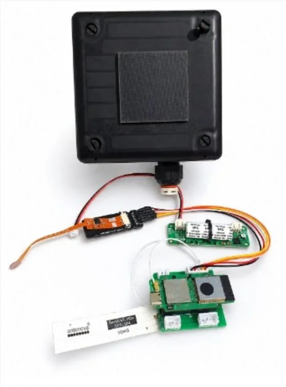 Open GeoInspect sensor enclosure with its circuit boards, cables and sensor module